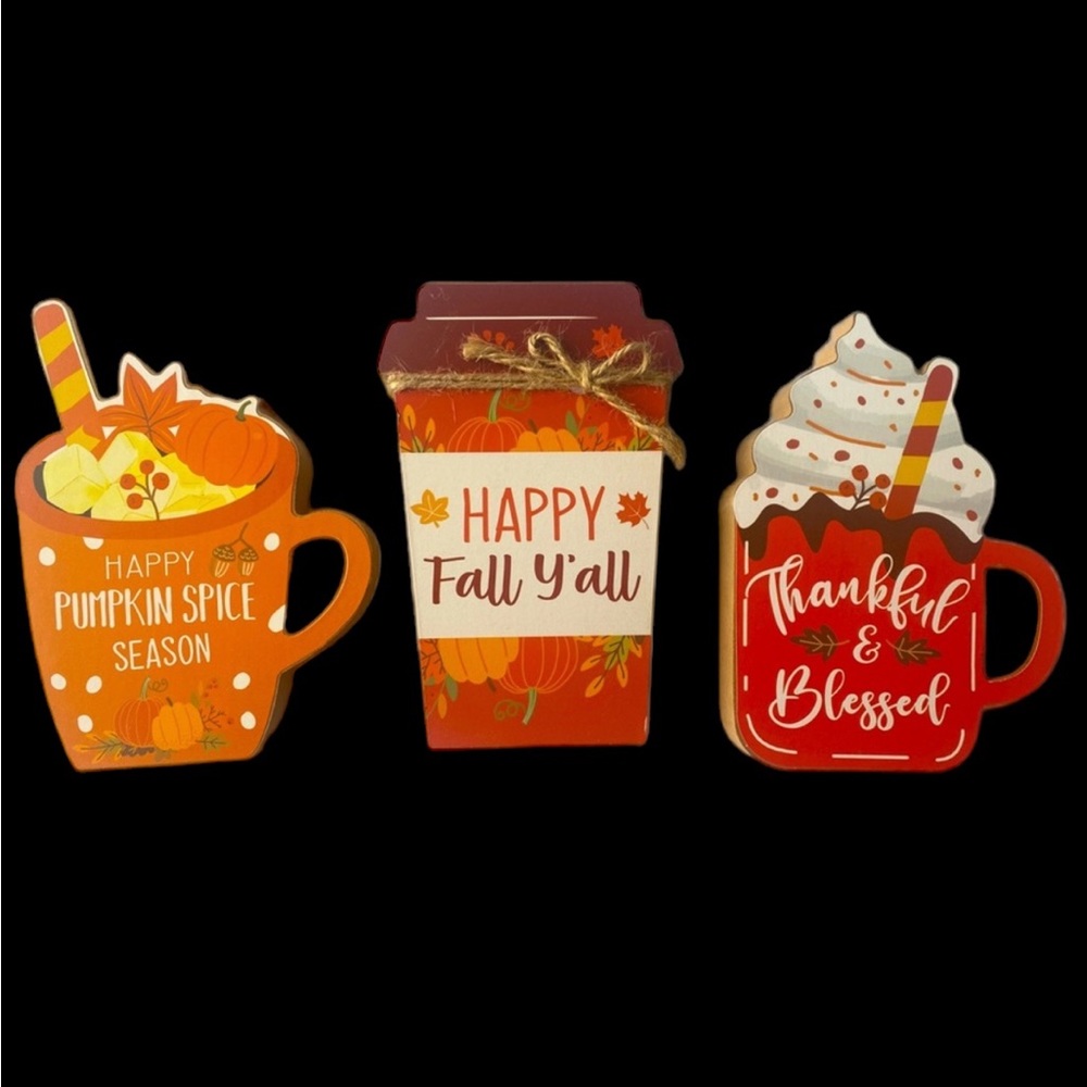 3Pcs Fall Season Chunky‎ Wood Decor Coffee Mugs Happy Pumpkin Spice Season Happy